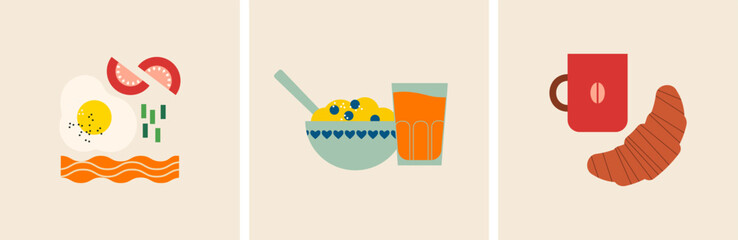 Breakfast. Set of three banners healthy food illustration. Fried egg, bacon, tomatoes. Bowl, cereal, juice. Coffee, croissant. Morning poster. Flat trendy abstract style. Still life. Isolated elements