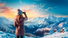 Young woman taking photo of beautiful snowy mountains at sunset. Winter vacation concept