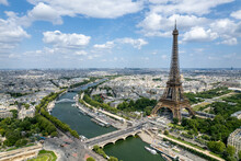 Aerial View Of The Eiffel Tower, A Wrought-iron Lattice Tower, On The Champ De Mars, The Main Landmark In Paris, France.