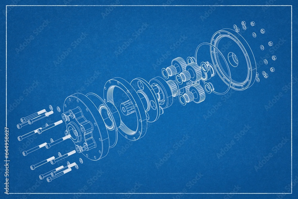 3D design of a planetary gear with exploded view. Stock Illustration ...