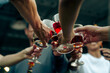 © NanSan - Home Garden BBQ Party, Wine Glasses Clink in Family Toast, enjoying harvest time together outside at front of house, grandfather and grandfather asian people, man and woman