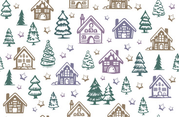 Christmas house and tree drawn illustrations