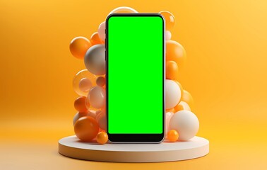 Smartphone with green screen on a podium.