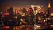 colorful drink in martini glass and big night city background, illuminated light skyline with skyscrapers, generative AI