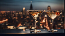 Two Colorful Drinks In Martini Glass And Big Night City Background, Illuminated Light Skyline With Skyscrapers, Generative AI