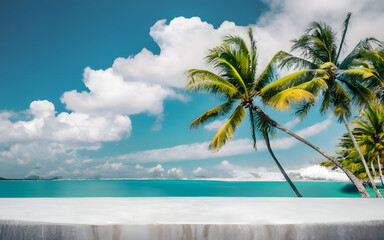 Wall Mural - white marble podium with against sea tropical island with palm on blue sky background for product display presentation, promotion sale, banner, presentation, cosmetic, copy space.