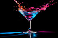 Stylish Neon Lit Cocktail In Martini Glass On A Black Background, Splashing