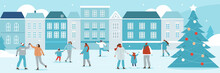 Winter Holidays Concept. Happy People Skating On The Outdoor Ice Rink In City Street Together. Women, Men And Children Having Fun. Vector Illustration.