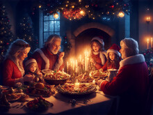 Family having christmas dinner, feast at home in decorated living room.