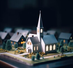 Wall Mural - Miniature model of christian church on the background of the city