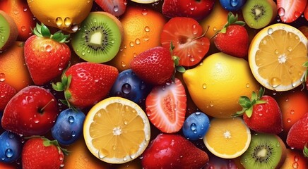 Wall Mural - Illustration of freshly picked fruit glistening with water droplets