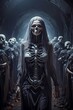 Queen of the dead with her skeletons army, in a long dark tunnel, Happy Halloween, Generative AI