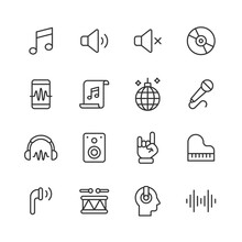 Music Line Icons. Editable Stroke. Contains Such Icons As Speaker, Audio, Music Player, Music Streaming, Dancing, Party, Headphones, Radio, Music Note, DJ, Singing, Karaoke.
