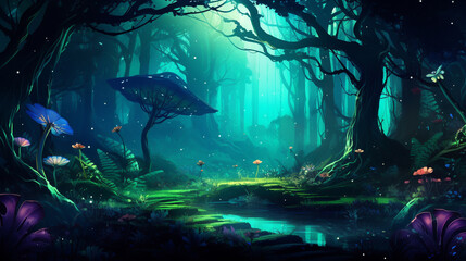 Poster - beautiful forest fantasy world with glowing insects trees