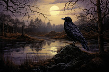 Landscape With Crow And Full Moon. 