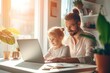 © Larisa - Father working from home, accompanied by his cheerful child.