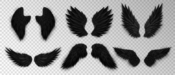 Set of different black devil wings isolated on transparent background. Dark angel outfit, masquerade, carnival costume. Daemon's realistic wings. Three dimensional vector monster or bird wings