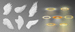 © Qeeraw - Collection of 7 three dimensional angel white wings and shiny nimbus. Masquerade, festival, carnival costumes. Realistic saint aureole (halo) and wings isolated on transparent background