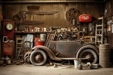 Abandoned Garage, Dusty Car. Neglected Vehicle, Vintage Tools, Urban Decay.