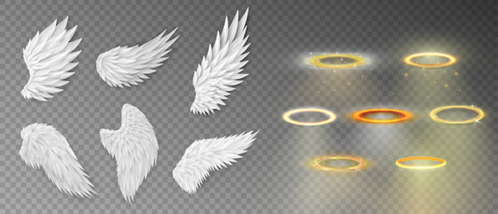 Collection of 7 three dimensional angel white wings and shiny nimbus. Masquerade, festival, carnival costumes. Realistic saint aureole (halo) and wings isolated on transparent background