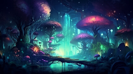 beautiful forest fantasy world with glowing insects trees