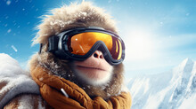Cute Monkey In Ski Goggles And A Scarf On The Background Of Snowy Mountains With Copy Space