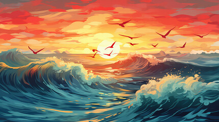 Wall Mural - beautiful ocean waves seaside sunrise and birds 