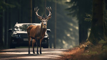 Deer Crosses The Road In Front Of A Car