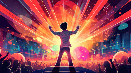 Illustration of a man performing in a nightclub in front of an audience