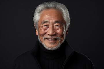 Wall Mural - portrait of older handsome asian man with grey beard on black background, ai generated