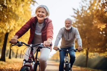 Happy active senior couple with bicycle in public park together having fun. Activities and healthy lifestyle for elderly people. Cheerful mature couple riding bicycles in park