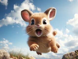 Wall Mural - Cute little rabbit running in the nature. Easter holiday concept.  