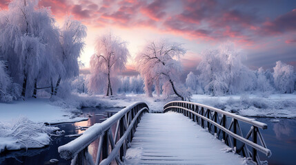 Wall Mural - Snowy, wooden bridge in a winter day. Stare Juchy, Poland. Generative Ai