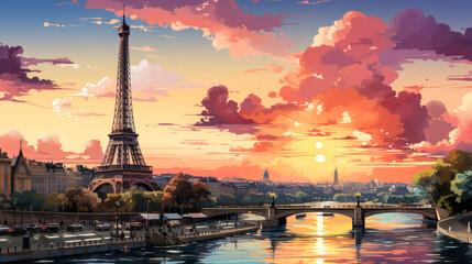 Charming flat design of the iconic Eiffel Tower against a pastel sky, enhanced with simple Parisian elements including the Seine River and cafes.