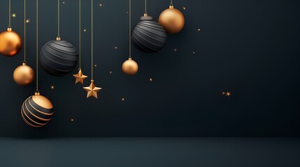 Wall Mural - Christmas and New Year minimalistic background. Golden and black Glass Balls hanging on ribbon on black background with copy space for text. The concept of Christmas and New Year holidays