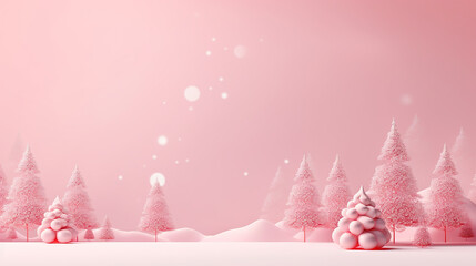 Wall Mural - Christmas and New Year minimalism monochrome background in pastel pink colors. Pink Christmas trees in a snowy forest and Christmas pink decorations on a light background with copy space for text.