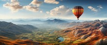 Attractive Inspirational Scenery With A Hot Air Balloon In The Sky, Vacation Spot.