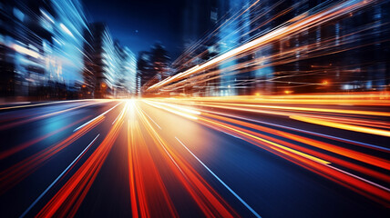 Car motion trails. Speed light streaks background with blurred fast moving light effect, Racing cars dynamic flash effects city road with long exposure night lights. Generative AI