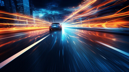 Wall Mural - Car motion trails. Speed light streaks background with blurred fast moving light effect, Racing cars dynamic flash effects city road with long exposure night lights. Generative AI