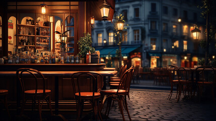 Cozy cafe bistro with blurred background and wooden montage. Generative AI