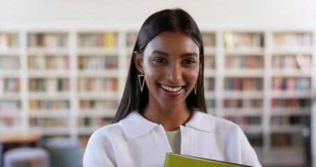 Canvas Print - Books, research and library with face of woman on campus for education, studying or learning. Smile, future and scholarship with portrait of student at school for knowledge, college or university