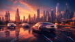 Illustrate the future of technology with a futuristic cityscape at sunset, featuring advanced AI-driven vehicles and holographic displays generative ai