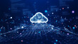 Cloud and edge computing technology data transfer concept. A large cloud icon is in the center. abstract code Interconnected polygons and multicolored dots on a dark blue background.