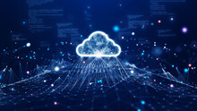 Cloud And Edge Computing Technology Data Transfer Concept. A Large Cloud Icon Is In The Center. Abstract Code Interconnected Polygons And Multicolored Dots On A Dark Blue Background.