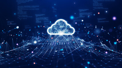 Canvas Print - Cloud and edge computing technology data transfer concept. A large cloud icon is in the center. abstract code Interconnected polygons and multicolored dots on a dark blue background.