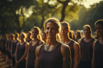 Poster - Fitness Community. Group participating in a boot camp class at a park, symbolizing the support and camaraderie of fitness groups. Generative AI.