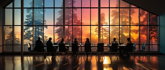 silhouettes of individuals in a conference room with a vibrant window behind them.