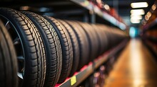 Activities And Transportation Group Of Fresh Tyres For Sale At A Tyre Shop; Tyre Rubber Products.