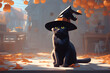 Gato preto de chápeu de bruxa no halloween