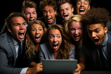 Dynamic team of young professionals celebrating a victorious digital marketing campaign around their laptop, on plain studio background.